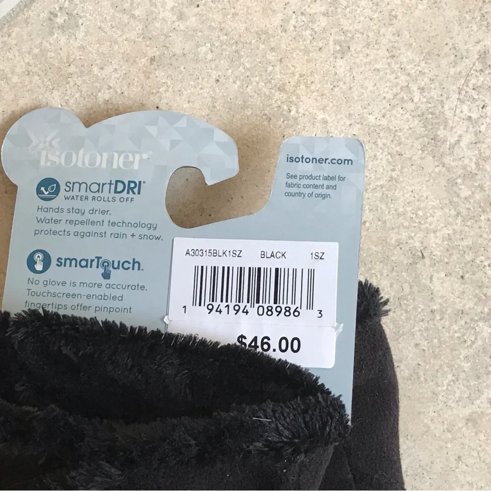 ISOTONER SMART DRY GLOVES LUXURIOUS WARM BLACK WATER REPELLENT 1 SIZE